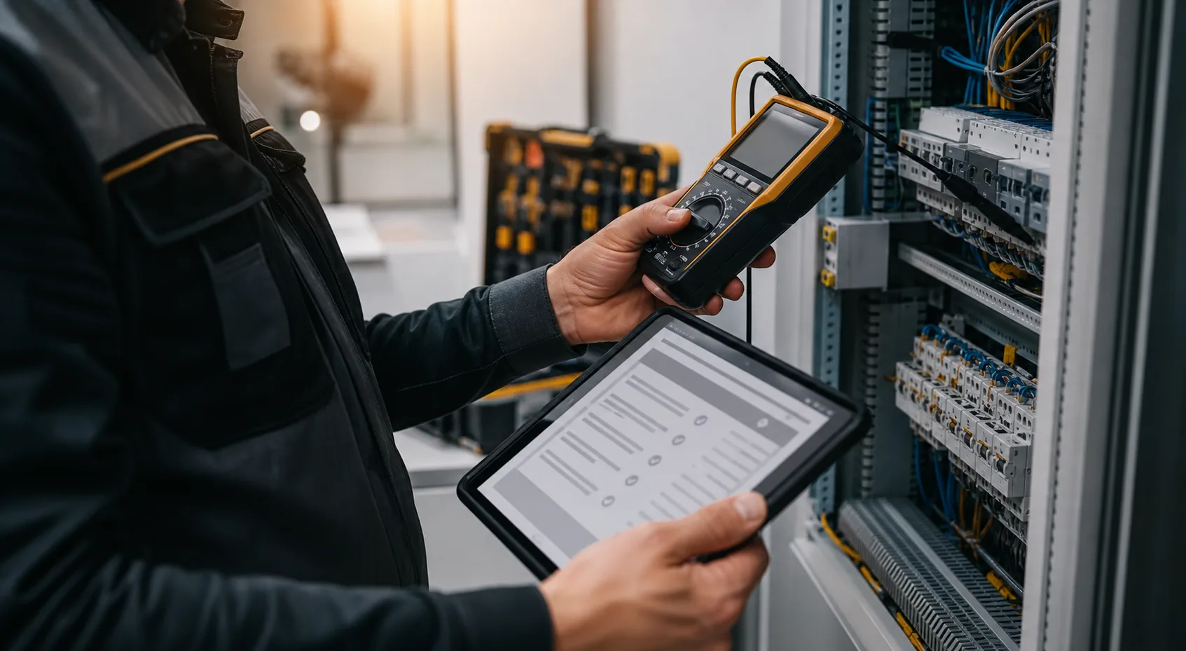 DGUV-Prüfung und elektrische Sicherheitsdokumentation DGUV Prüfung ortsveränderlicher elektrischer Betriebsmittel mit Messgerät und digitaler Dokumentation durch FMFK