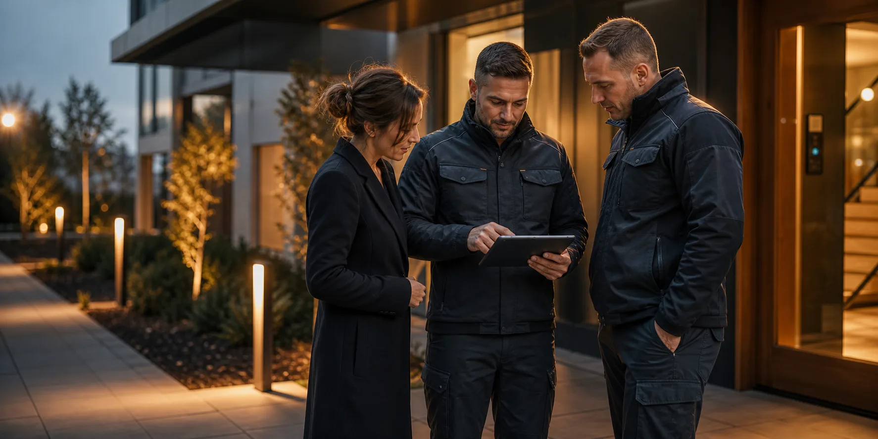 FMFK Objektübergabe und Premium-Service Beratung FMFK Team bespricht Objektübergabe mit digitalem Tablet an moderner Immobilie