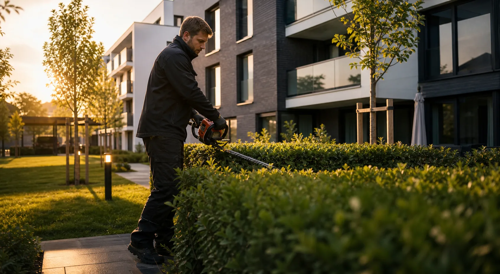Gartenpflege für Wohnanlagen im Kreis Segeberg FMFK Gartenpflege mit Heckenschnitt an moderner Wohnanlage im Kreis Segeberg