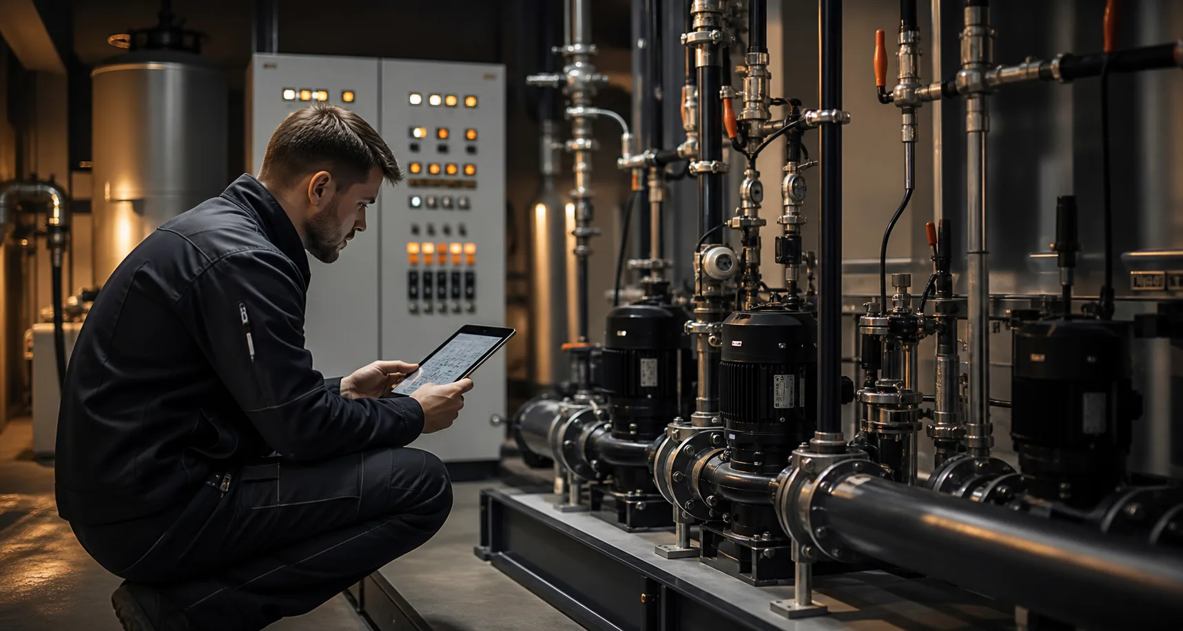 Haustechnik und Pumpentechnik Kontrolle durch FMFK FMFK Haustechniker kontrolliert Pumpentechnik und Gebäudetechnik im Kreis Segeberg