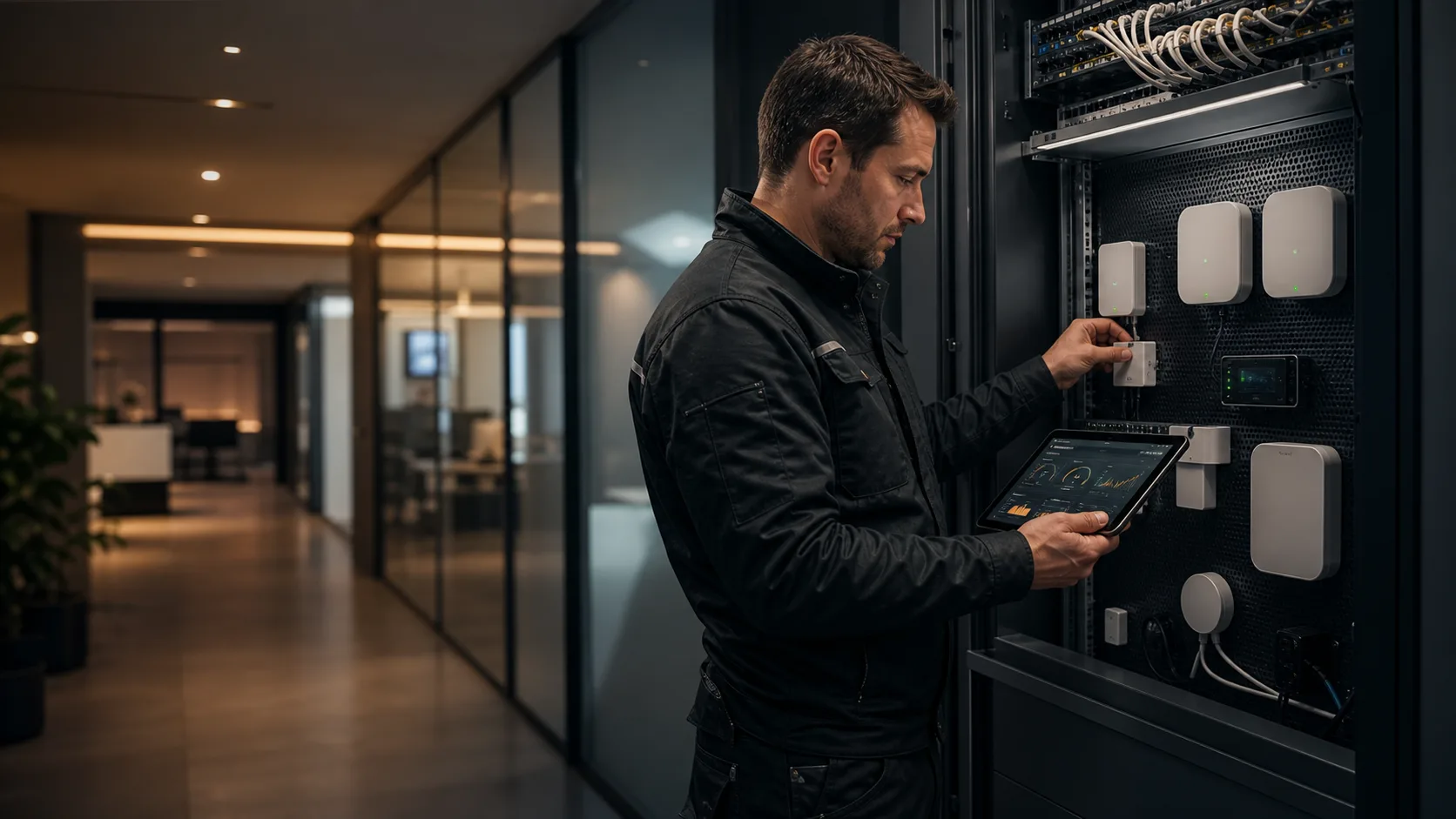 Smart Building und Automation mit vernetzter Gebäudetechnik FMFK Smart Building Automation mit Netzwerkschrank, Sensorik und digitaler Gebäudesteuerung