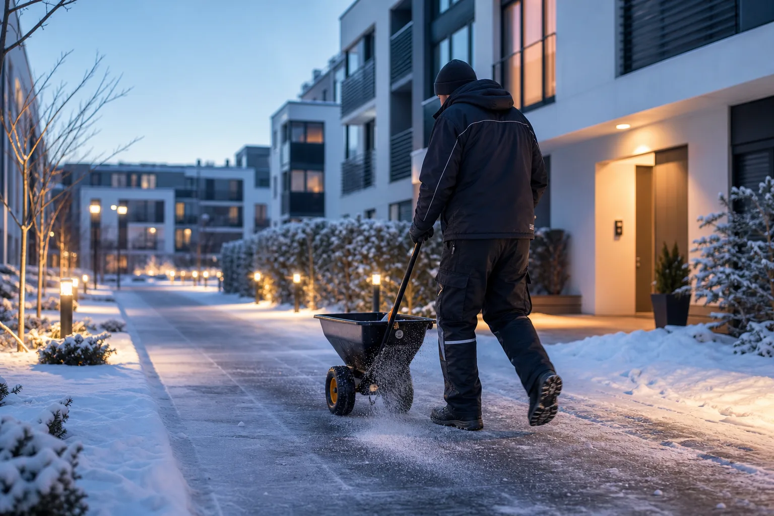 Winterdienst Bad Segeberg mit dokumentierten Einsätzen FMFK Winterdienst räumt und streut sichere Wege an moderner Wohnanlage in Bad Segeberg